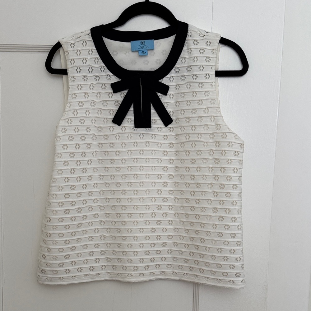 CeCe White Eyelet Sleeveless Top with Black Bow, medium